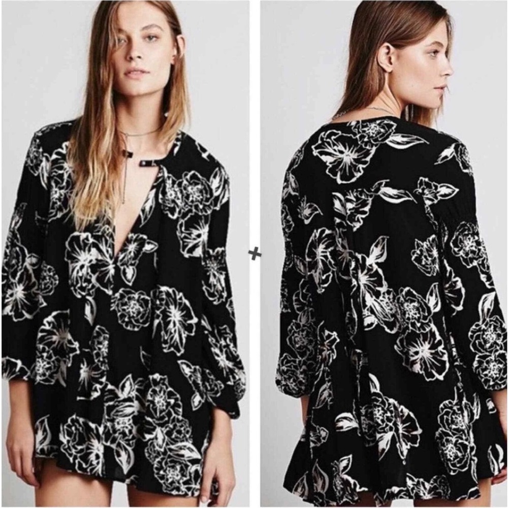 Free‎ People Smooth Talker Mini Dress Tunic Black White Floral Sz Small OB546452